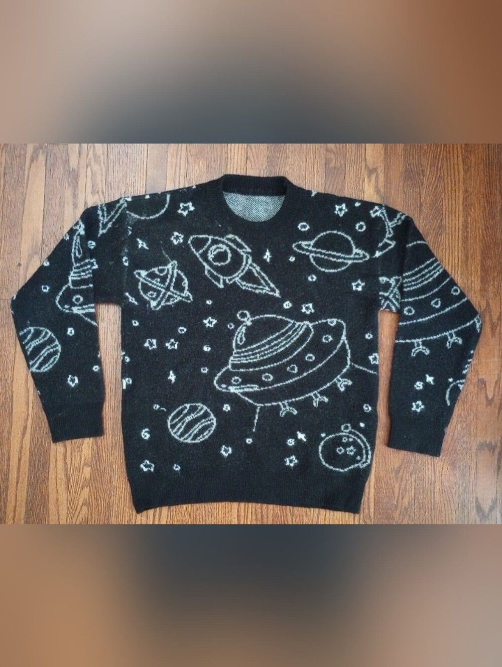 Black Outer Space Knit Crewneck Sweater- UFO & Planets, Size M